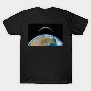 Planet Earth and crescent Moon against dark starry sky T-Shirt